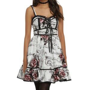 Hot Topic Size Medium Black Burgundy Roses Corset Music Notes Dress Goth